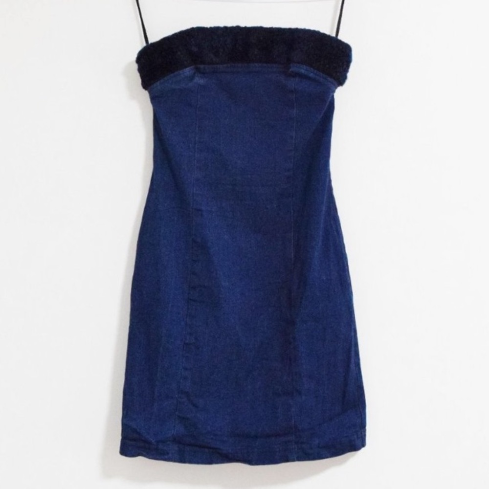 Vintage Faux Fur Trimmed Denim Sleeveless Tube Mini Dress